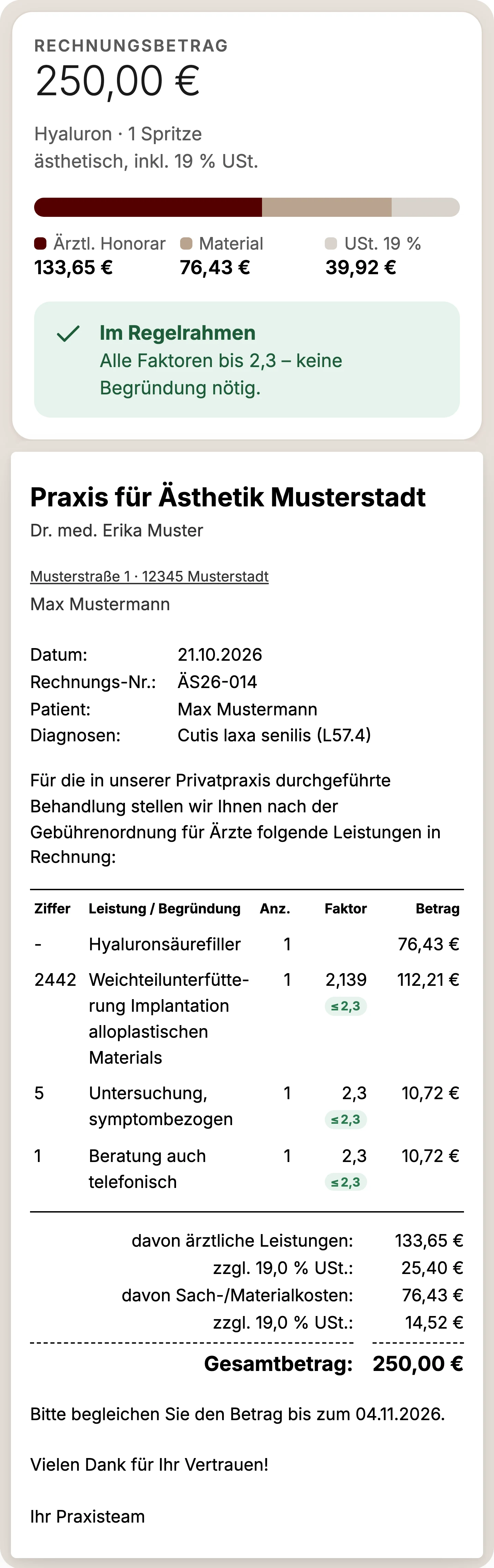 GOÄ-Rechner: Rechnungsbetrag mit Aufteilung, grüne Ampel und fertige GOÄ-Rechnung